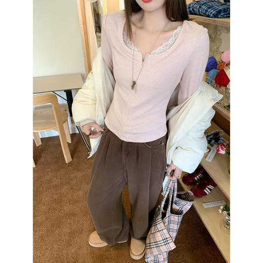 【129元任选2件】现货韩系粉色蕾丝边长袖t 商品图2