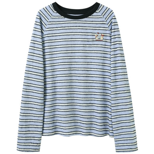 三彩2026春季新款圆领长袖条纹T恤套头上衣宽松显瘦绣花休闲M 商品图4