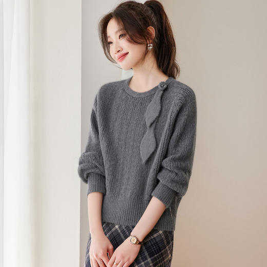 温柔慵懒风红色圆领蝴蝶结宽松毛衣CC3369 商品图2