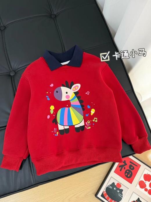 F011370浓浓中国年氛围拿捏住！小马印花内里夹绒软糯保暖儿童红色卫衣 商品图14