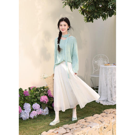 鹿向南「午夜圆舞」慵懒风花朵飘带挂脖绿色V领针织衫上衣女春季 商品图1