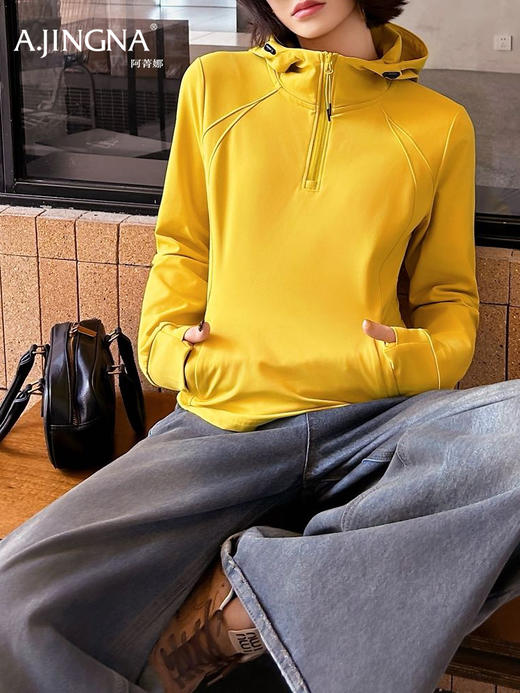 【LU系修身】阿菁娜冬季新款细节感连帽衫LU系修身半拉链设计黄黑双色F30D302020 商品图1