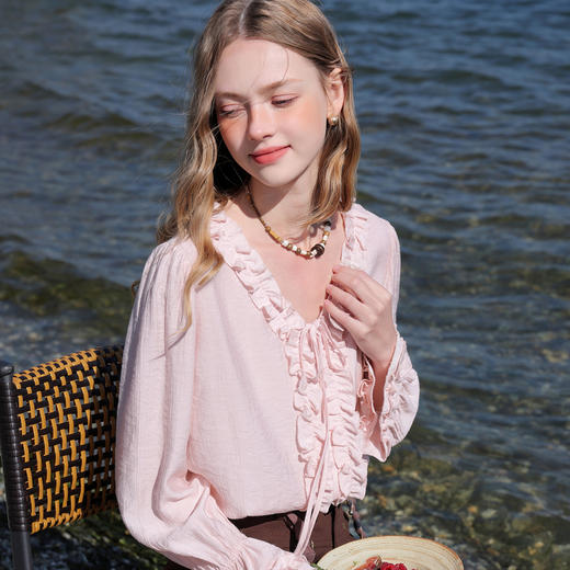 三彩2026春季新款喇叭袖木耳边V领系带衬衫复古衬衣气质上衣宽松M 商品图2