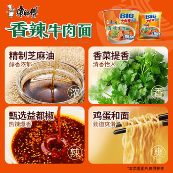 康师傅 方便面 大食桶香辣牛肉桶面143g*12 泡面整箱速食 方便食品 商品图2