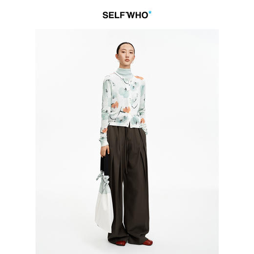 SELFWHO天丝亚麻混纺满印兰花针织开衫女2026春新款圆领正肩毛衣 商品图2