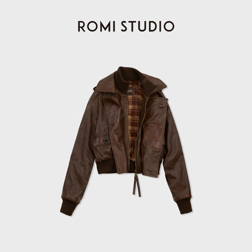 ROMI STUDIO全植鞣双色羊皮革复古立领皮夹克短外套 RWCWWE6673 商品图1