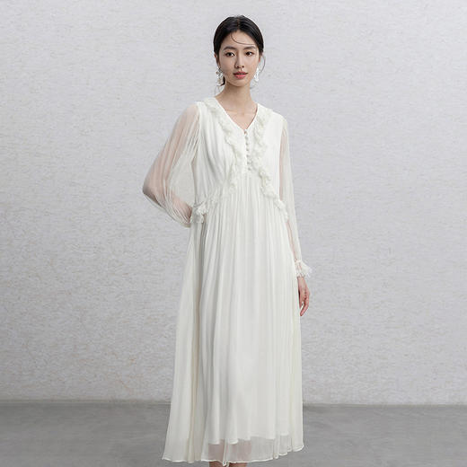 【林栖设计小店】蕾丝花边桑蚕丝牙签褶高腰仙气2026春新款真丝连衣裙1961033 商品图3