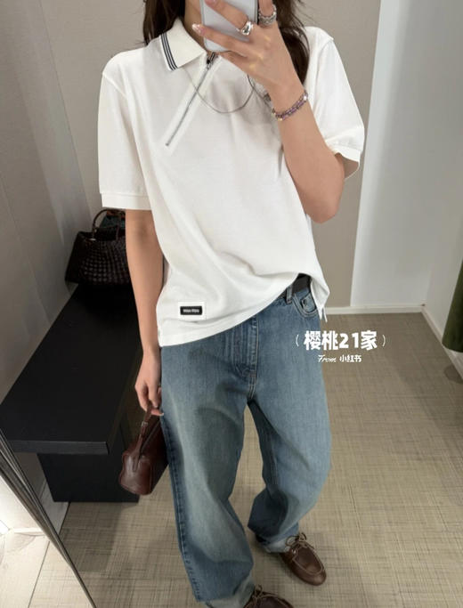 缪缪 斜拉链短袖POLO衫 白色(KX*MM) 商品图1