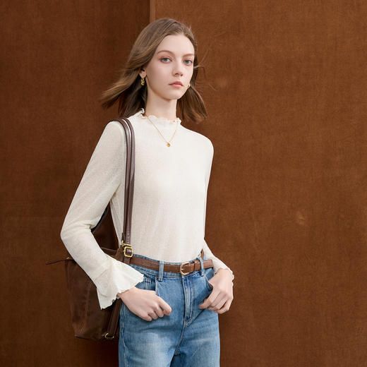 三彩2026春季新款半高领小衫木耳边喇叭袖上衣内搭打底衫M 商品图3