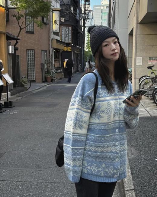 F011305女士雪花提花撞色费尔岛针织纽扣开衫外套 商品图0