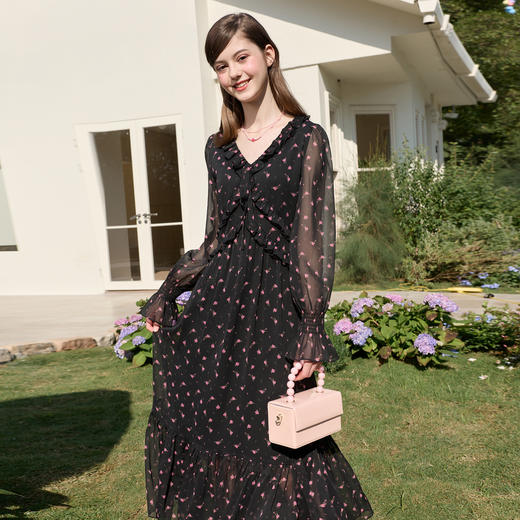 三彩独醒2026春季新款法式碎花雪纺连衣裙V领木耳边A字裙长裙F 商品图2