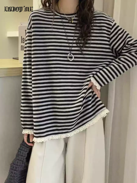 【门店同款】ENJOY冬季“暖冬知性”条纹花边长袖T恤 169095228