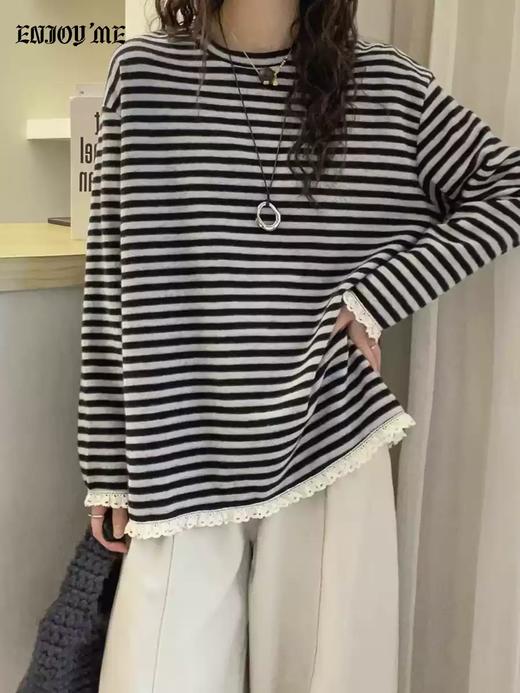 【门店同款】ENJOY冬季“暖冬知性”条纹花边长袖T恤 169095228 商品图0