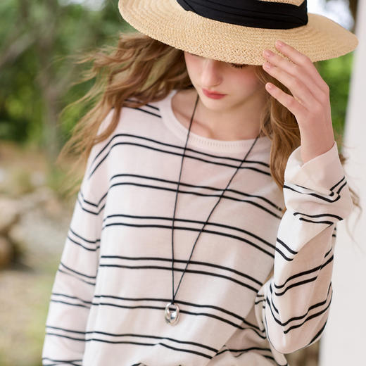 三彩2026春季新款圆领针织衫落肩袖毛衫宽松条纹套头衫休闲M 商品图2