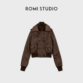 ROMI STUDIO全植鞣双色羊皮革复古立领皮夹克短外套 RWCWWE6673