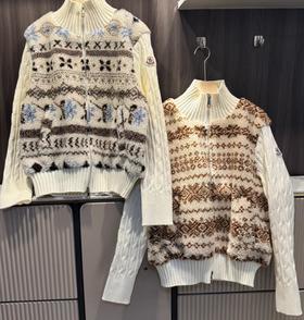 F011335费尔岛针织拼接羊羔毛的假两件式立领拉链款外套