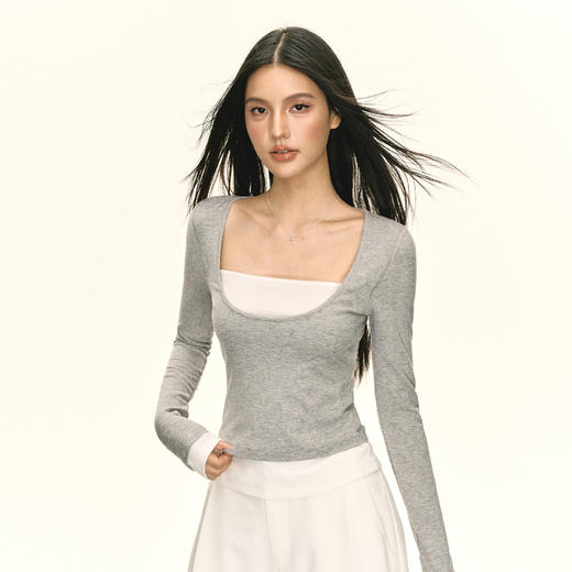 Ariseism 美式复古高级感假两件长袖女春季新款修身打底上衣 商品图1