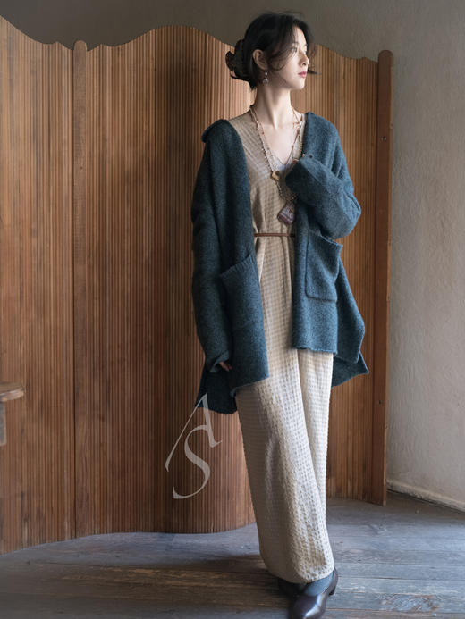 Cortana 米色NUNA肌理格纹羊毛垂坠连衣裙 商品图10