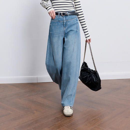 【100棉】三彩2026春季新款休闲牛仔裤宽松弯刀裤高腰长裤设计感M 商品图3