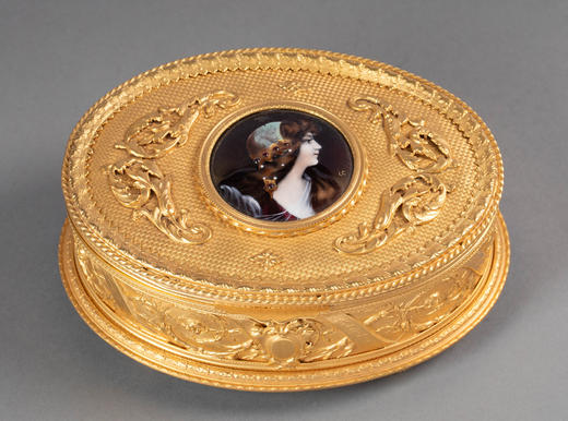 独角鹿西洋古董20世纪法国出品卷叶缎带纹铜鎏金精雕镶嵌少女肖像主题手绘细密画珍宝盒 商品图4