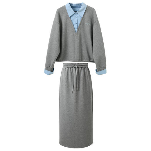 三彩2026春季新款卫衣套装假两件套头衫直筒半身裙长裙两件套M 商品图4