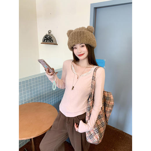 【129元任选2件】现货韩系粉色蕾丝边长袖t 商品图0