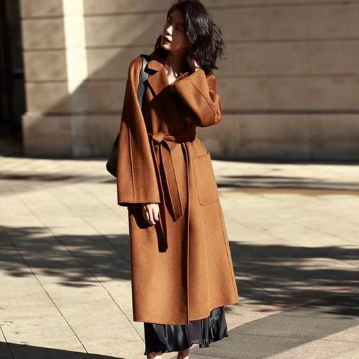 F011394焦糖色水波纹三十而已顾佳同款纯羊绒双面呢大衣女中长款外套 商品图6