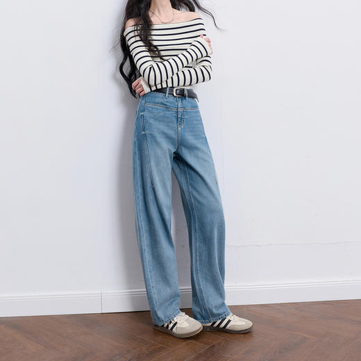 【100棉】三彩2026春季新款休闲牛仔裤宽松弯刀裤高腰长裤设计感M 商品图2