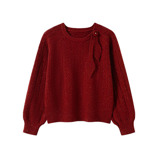 温柔慵懒风红色圆领蝴蝶结宽松毛衣CC3369 商品图4