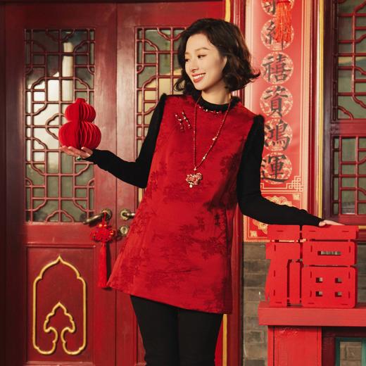 西子/绛春梢海棠喜鹊竹叶提花夹羊毛新中式短款旗袍/CQHY0210 商品图0