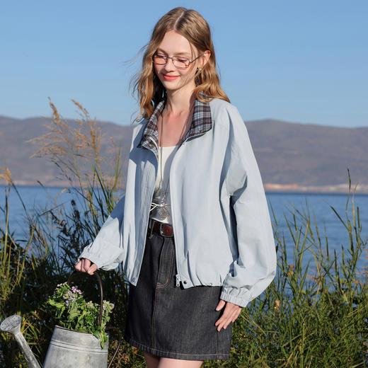 三彩2026春季新款格纹拼接立领长袖外套夹克拉链开衫宽松休闲M 商品图3