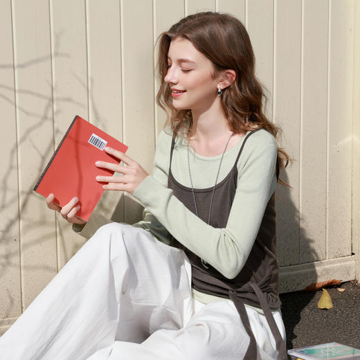 三彩2026春季新款毛衫两件套毛衣圆领长袖吊带绑带收腰简约休闲M 商品图1