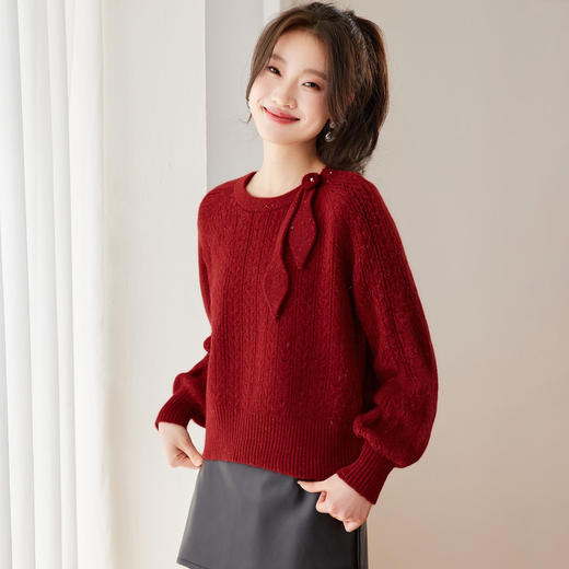 温柔慵懒风红色圆领蝴蝶结宽松毛衣CC3369 商品图3
