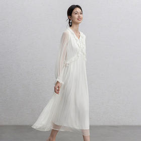 【林栖设计小店】蕾丝花边桑蚕丝牙签褶高腰仙气2026春新款真丝连衣裙1961033