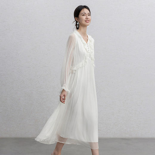 【林栖设计小店】蕾丝花边桑蚕丝牙签褶高腰仙气2026春新款真丝连衣裙1961033 商品图0