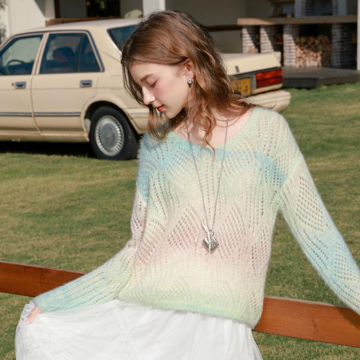 三彩2026春季新款宽松V领落肩袖针织衫套头毛衫段染渐变M 商品图1