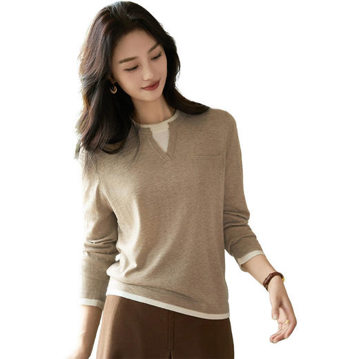 「自」全新升级【铂金会员183/天猫239/差价56】(13256)洛诗琳精纺羊毛撞色针织衫上衣2026春季假两件百搭打底上衣 商品图4