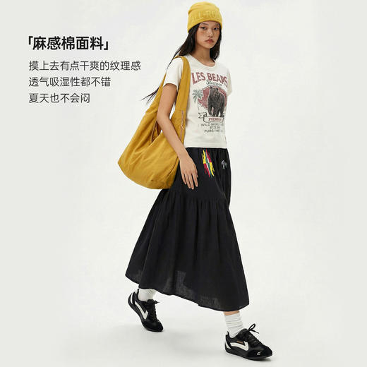 马登黑色复古松紧腰刺绣花A字过膝大裙摆半身长裙拼接裙子女士春 商品图3