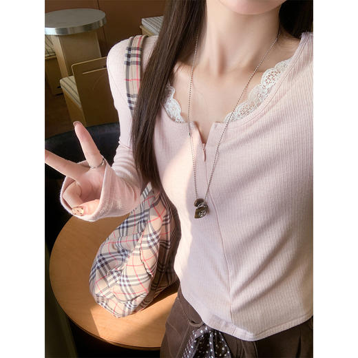 【129元任选2件】现货韩系粉色蕾丝边长袖t 商品图3