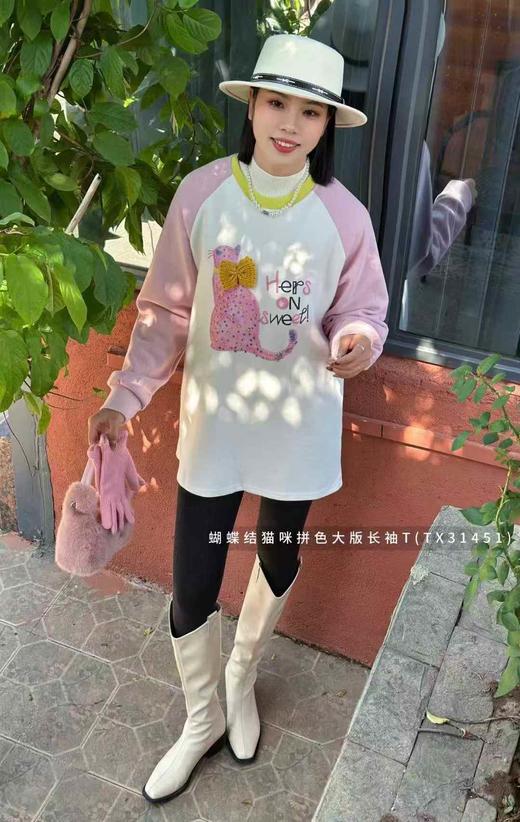 G5TX31451#蝴蝶结猫咪拼色大版长袖T 商品图5