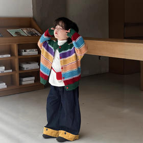 【亲肤柔软面料❗️时尚高级百搭】25秋季韩版男女童复古装饰彩虹条纹针织开衫慵懒风毛衣毛绒感外套。jc