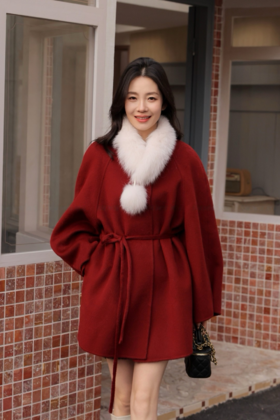 【门店同款】ENJOY冬季“午马”狐狸毛领系带收腰大衣 169443501