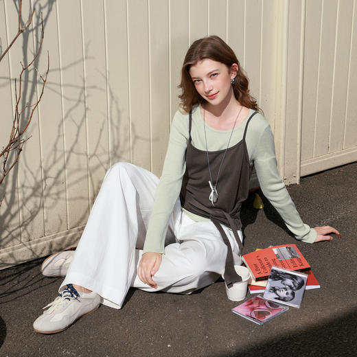 三彩2026春季新款毛衫两件套毛衣圆领长袖吊带绑带收腰简约休闲M 商品图3