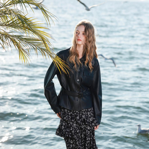 三彩2026春季新款宽松短款翻领休闲PU皮衣外套廓形夹克开衫M 商品图2