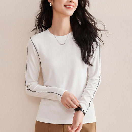 「自j」全新升级【铂金会员128/天猫169/差价41】(04219)洛诗琳新款圆领明线撞色长袖T恤2026春季修身显瘦打底上衣 商品图2