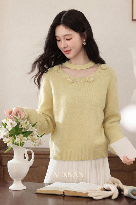 鹿向南「软穗织念」秋冬韩系圆领针织衫套头毛衣显瘦气质上衣女 商品图3