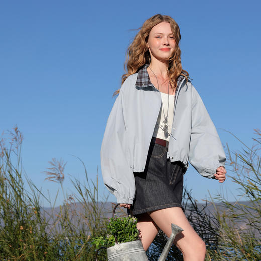 三彩2026春季新款格纹拼接立领长袖外套夹克拉链开衫宽松休闲M 商品图1