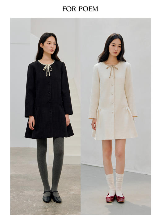 ForPoem 现货 26/SS原创设计领口花边系带小香风气质长袖连衣裙 商品图1