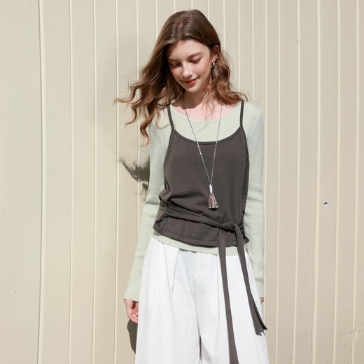 三彩2026春季新款毛衫两件套毛衣圆领长袖吊带绑带收腰简约休闲M 商品图2