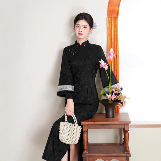 冬款加绒复古民国风旗袍，厚款气质淑女黑色新中式BJS7225 商品图1